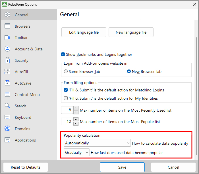 showing the popularity calculation section of the General tab on the RoboForm options page